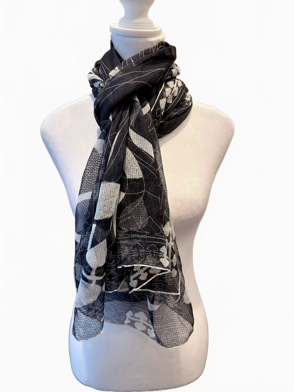 Emilio Pucci Black White Floral Print Sheer Mesh Scarf Abstract Monochrome Logo